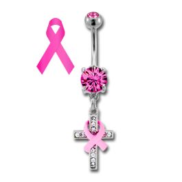 BREAST CANCER AWARENESS BELLY RING WITH CROSS