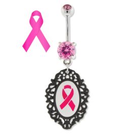 BREAST CANCER AWARENESS BELLY RING WITH RIBBON IN CAMEO