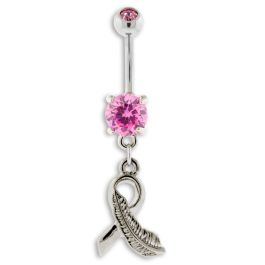 BREAST CANCER AWARENESS BELLY RING WITH FEATHER RIBBON