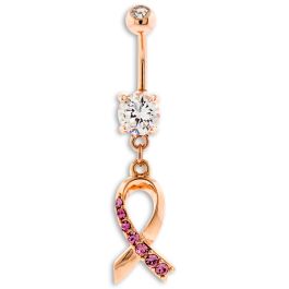 BNA 14G 3/8 5MMX8MM CLEAR GEM ROSE GOLD PVD COATED WITH RIBBON DANGLE LINED WITH PINK GEMS ON LEFT SIDE