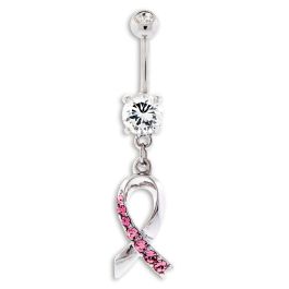 BREAST CANCER AWARENESS BELLY RING WITH PINK GEM RIBBON 