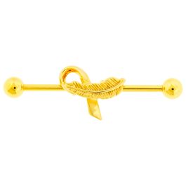 INDUSTRIAL BARBELL GOLD PVD COATED 316L 14G WITH ADJUSTABLE GOLD PVD COATED FEATHER RIBBON