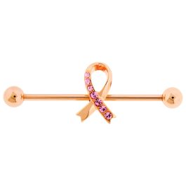 INDUSTRIAL BARBELL ROSE GOLD PVD COATED 316L 14G WITH ADJUSTABLE ROSE GOLD PVD COATED RIBBON LINED WITH PINK GEMS