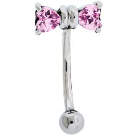 16G 5/16 EYEBROW RING 316L STEEL PINK GEM BOW WITH 3MM BALL