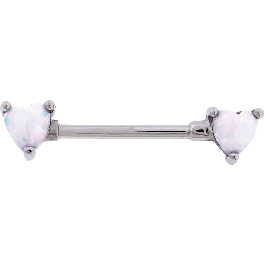 14G 9/16 EXTERNALLY THREADED 316L STEEL NIPPLE BARBELL WITH PRONG SET WHITE OPAL HEART ENDS