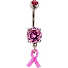 BREAST CANCER AWARENESS PINK OPAL RIBBON NAVEL RING-1.6MM (14G)-10MM (3/8