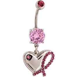 BREAST CANCER AWARENESS NAVEL RING WITH HEART AND PINK GEM RIBBON-1.6MM (14G)-10MM (3/8