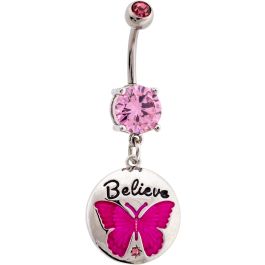 BREAST CANCER AWARENESS NAVEL RING WITH BELIEVE BUTTERFLY-1.6MM (14G)-10MM (3/8