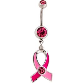 BREAST CANCER AWARENESS PINK RIBBON WITH CENTER GEM-1.6MM (14G)-10MM (3/8