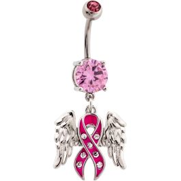BREAST CANCER AWARENESS PINK RIBBON AND WINGS NAVEL RING-1.6MM (14G)-10MM (3/8