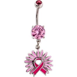 BREAST CANCER AWARENESS PINK AND PINK FLOWER NAVEL RING-1.6MM (14G)-10MM (3/8
