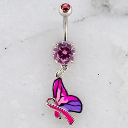 BREAST CANCER AWARENESS WITH PINK RIBBON AND BUTTERFLY NAVEL RING-1.6MM (14G)-10MM (3/8
