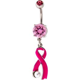 BREAST CANCER AWARENESS PINK RIBBON WITH PEARL NAVEL RING-1.6MM (14G)-10MM (3/8