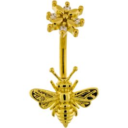 14G Curved Barbell Bee w/ Flower Top-GOLD