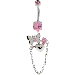 BNA 14G 3/8 PINK PRONG-SET DOUBLE GEM WITH PINK GEM ACCENTED BUTTERFLY, HEART AND CHAIN DANGLE