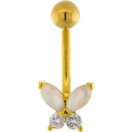 14G Curved Barbell w/ Gem and Opal Butterfly-GOLD-CLEAR/WHITE OPAL