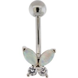 14G Curved Barbell w/ Gem and Opal Butterfly-SILVER-CLEAR/WHITE OPAL