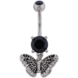 14G Navel Barbell w/ Spider Web Butterfly-BLACK