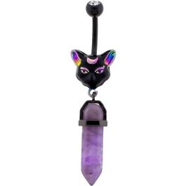 14G Curved Barbell Iridescent Cat w/ Crystal-BLACK