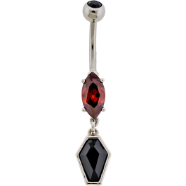14G Navel Barbell w/ Prong Set Red Marquise Gem and Coffin-BLACK