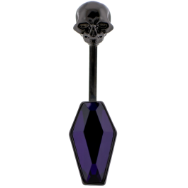 14G Navel Barbell w/ Skull Top and Coffin Gem-TANZANITE