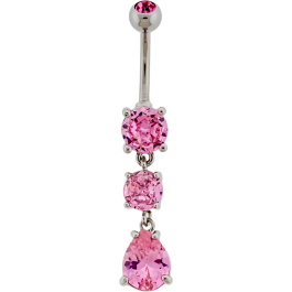 14G Navel Barbell w/ Round and Teardrop Gem Dangle-PINK