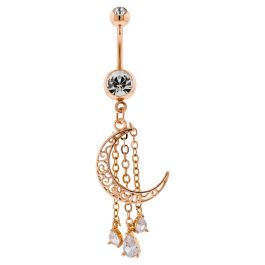 FILIGREE MOON WITH CHAINED GEMS NAVEL RING-ROSE GOLD PVD