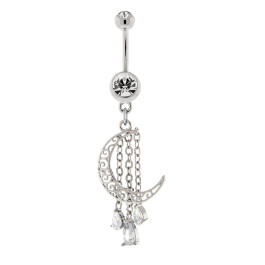 FILIGREE MOON WITH CHAINED GEMS NAVEL RING-HIGH POLISH