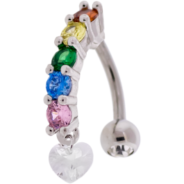 Curved Barbell Top Drop w/ Prong Set Gems and Gem Heart Dangle-1.6MM (14G)-RAINBOW