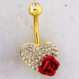 PAVE HEART WITH RED ROSE NAVEL RING-GOLD PVD