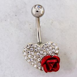PAVE HEART WITH RED ROSE NAVEL RING-HIGH POLISH