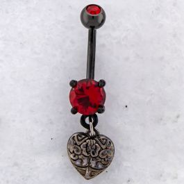 14G HEART WITH FLORAL DESIGN NAVEL RING-BLACK PVD