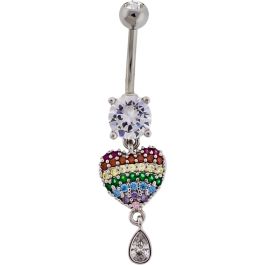Pave Rainbow Heart w/ Clear Teardrop Navel Ring-1.6MM (14G)-10MM (3/8