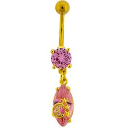 14G Navel Barbell Gold PVD Pink Gem w/ Moon and Stars-PINK