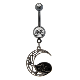 14G CUTOUT FILIGREE MOON WITH CAT NAVEL RING-CLEAR