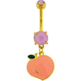 14G Gold PVD Navel Barbell w/ Prong Set Stone and Peach-ROSE QUARTZ