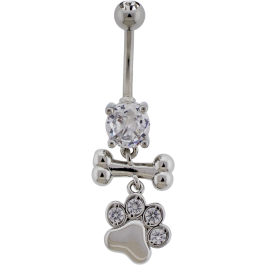 14G Navel Barbell w/ Bone and Pawprint-1.6MM (14G)-CLEAR