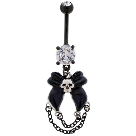 14G Navel Barbell w/ Skull Bow and Chain Dangle-CLEAR