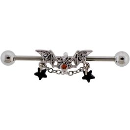 Industrial Barbell w/ Moon Phase Bat and Chain-1.6MM (14G)-SILVER-BLACK OPAL