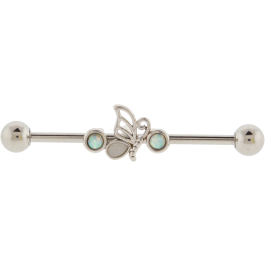 INDUSTRIAL BARBELL WITH WHITE OPAL AND BUTTERFLY-HIGH POLISH