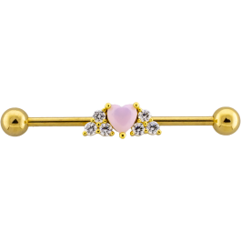 14G PVD Industrial Barbell w/ Gem Heart and Trinity Clusters-1.6MM (14G)-GOLD PVD-ROSE QUARTZ