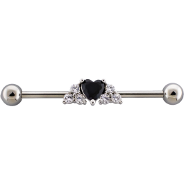 14G PVD Industrial Barbell w/ Gem Heart and Trinity Clusters-1.6MM (14G)-HIGH POLISH-BLACK