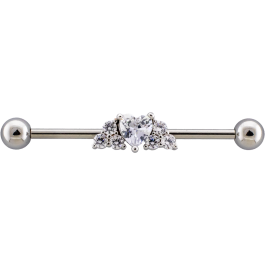 14G PVD Industrial Barbell w/ Gem Heart and Trinity Clusters-1.6MM (14G)-HIGH POLISH-CLEAR