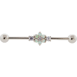 INDUSTRIAL BARBELL WITH GEM AND OPAL FLOWER-HIGH POLISH