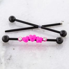 14G  INDUSTRIAL BARBELL WITH ADJUSTABLE PINK HEARTS WITH CLEAR GEMS.-BLACK PVD