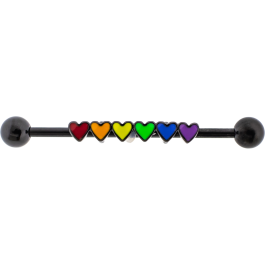 14G PVD Industrial Barbell w/ Rainbow of Hearts-1.6MM (14G)-BLACK PVD