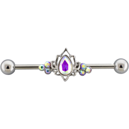 14G Industrial Barbell w/ Lotus and Gem Center-1.6MM (14G)-AURORA BOREALIS