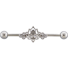 14G Industrial Barbell w/ Lotus and Gem Center-1.6MM (14G)-CLEAR
