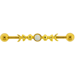 14G PVD Industrial Barbell w/ Moon Phases and Opal Center-1.6MM (14G)-GOLD PVD-WHITE OPAL