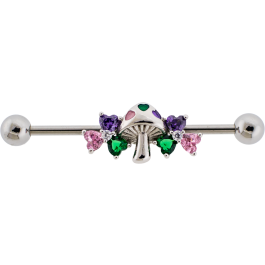 14G Industrial Barbell w/ Mushrooms and Gem Flowers-1.6MM (14G)-HIGH POLISH